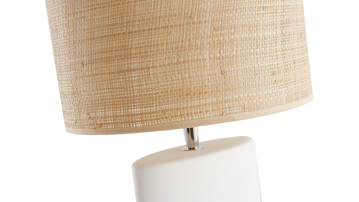 Lampe  poser en cramique blanc mat et abat-jour en raphia naturel H40 cm TIGA