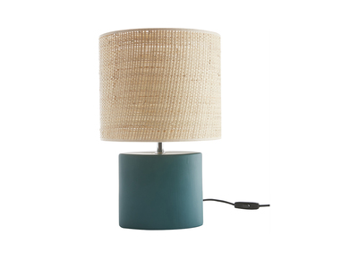 Lampe à poser en céramique bleu pétrole mat et abat-jour en raphia naturel H40 cm TIGA