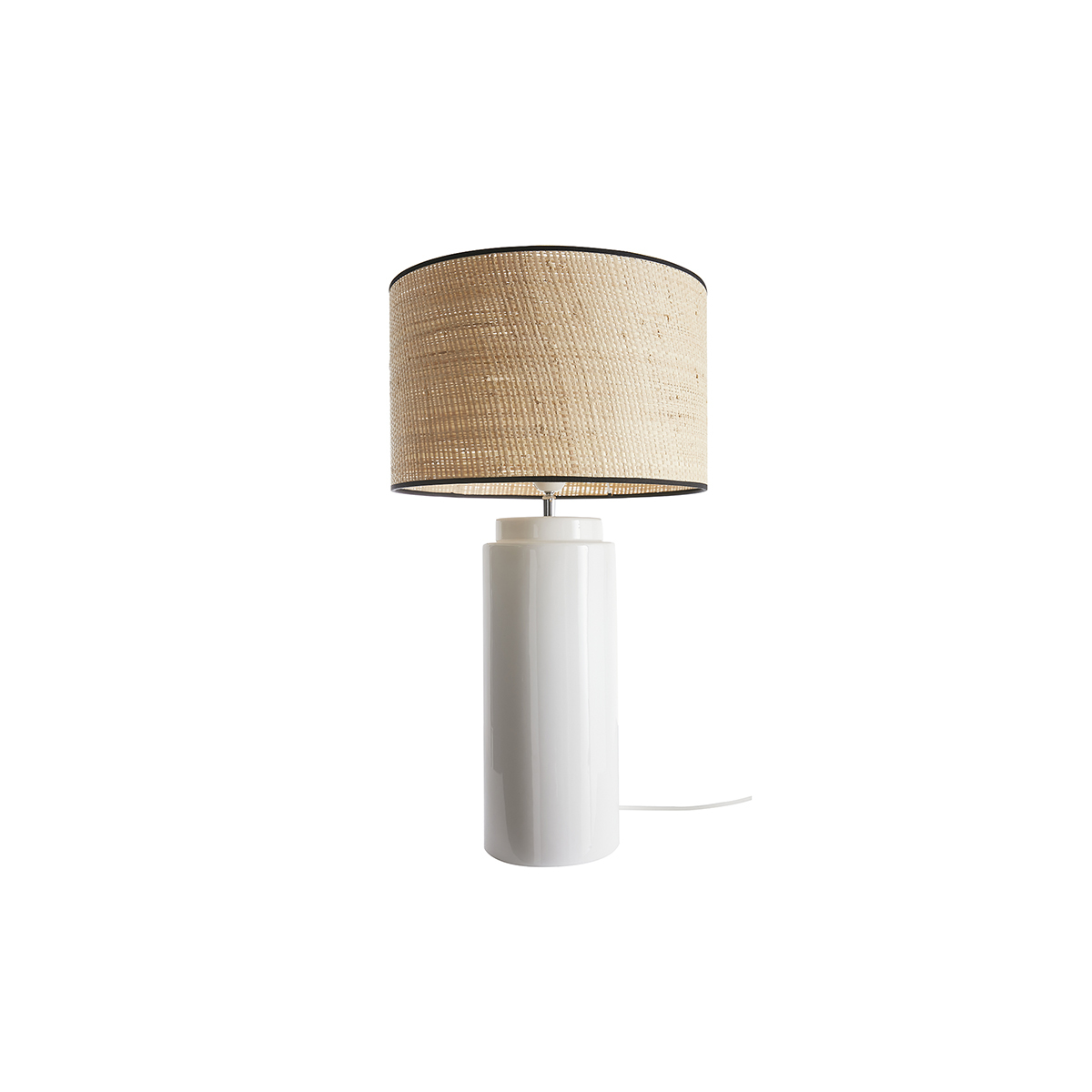 Lampe à poser en céramique émaillée blanche et abat-jour en raphia naturel H64 cm MAJES