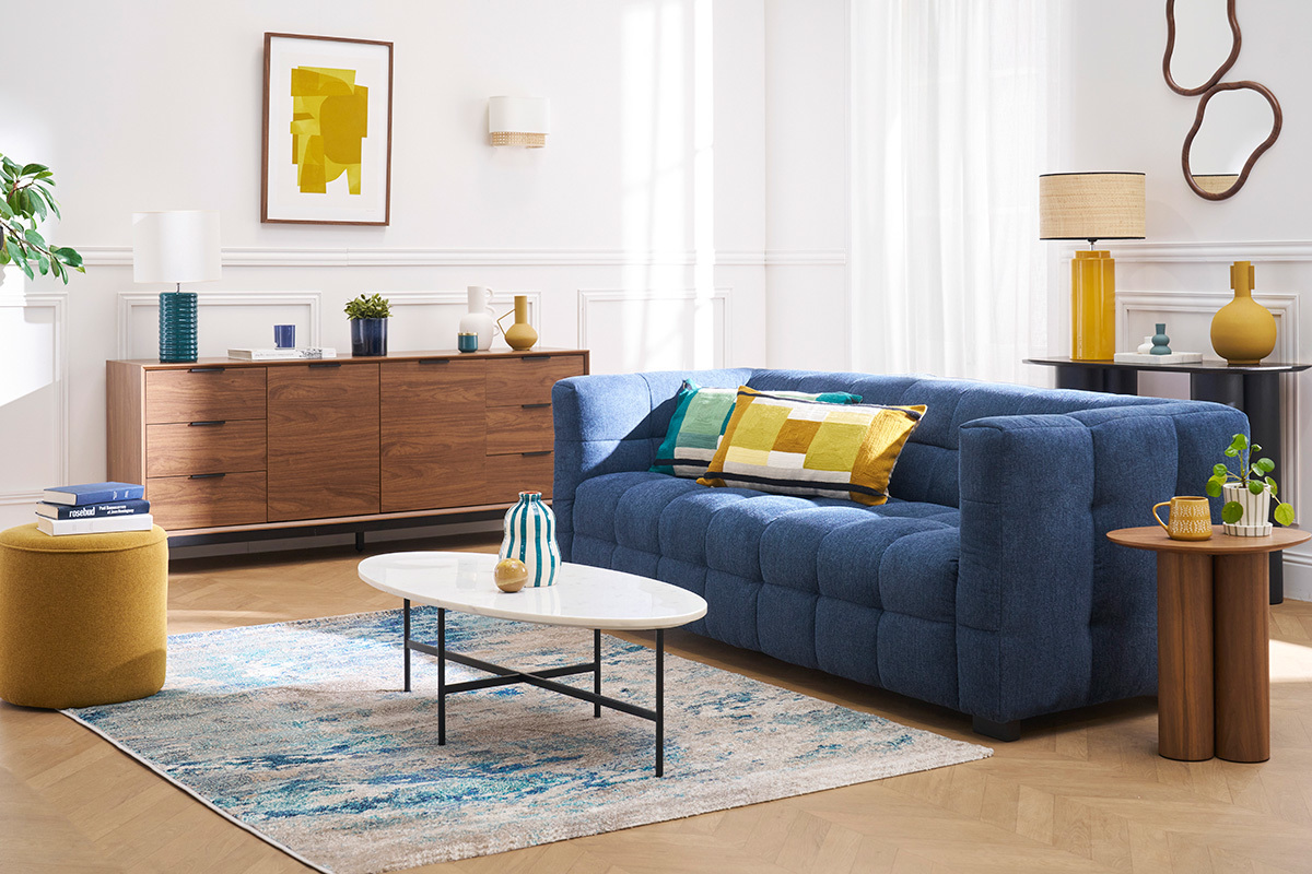 Lampe  poser en cramique maille jaune et abat-jour en raphia naturel H64 cm MAJES