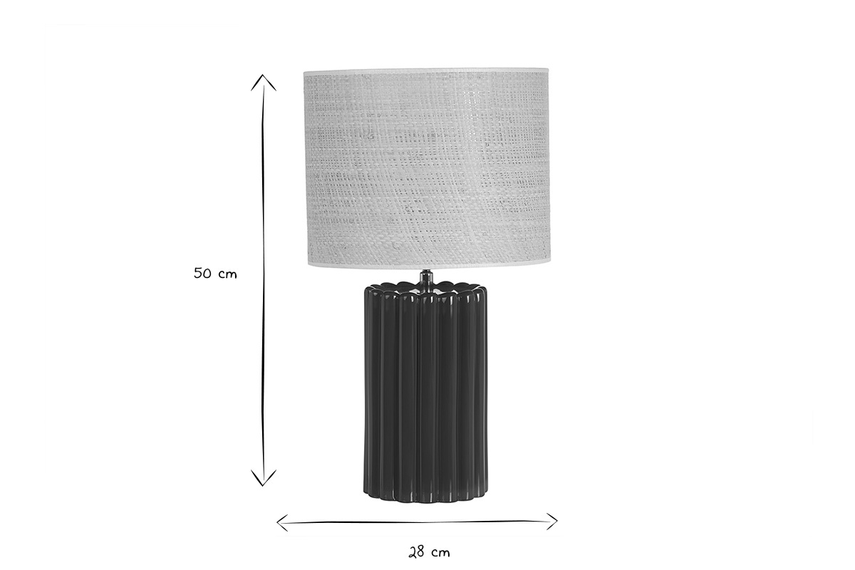 Dimensions de la lampe CANELLA : hauteur 50 cm, largeur 28 cm, en noir et blanc.