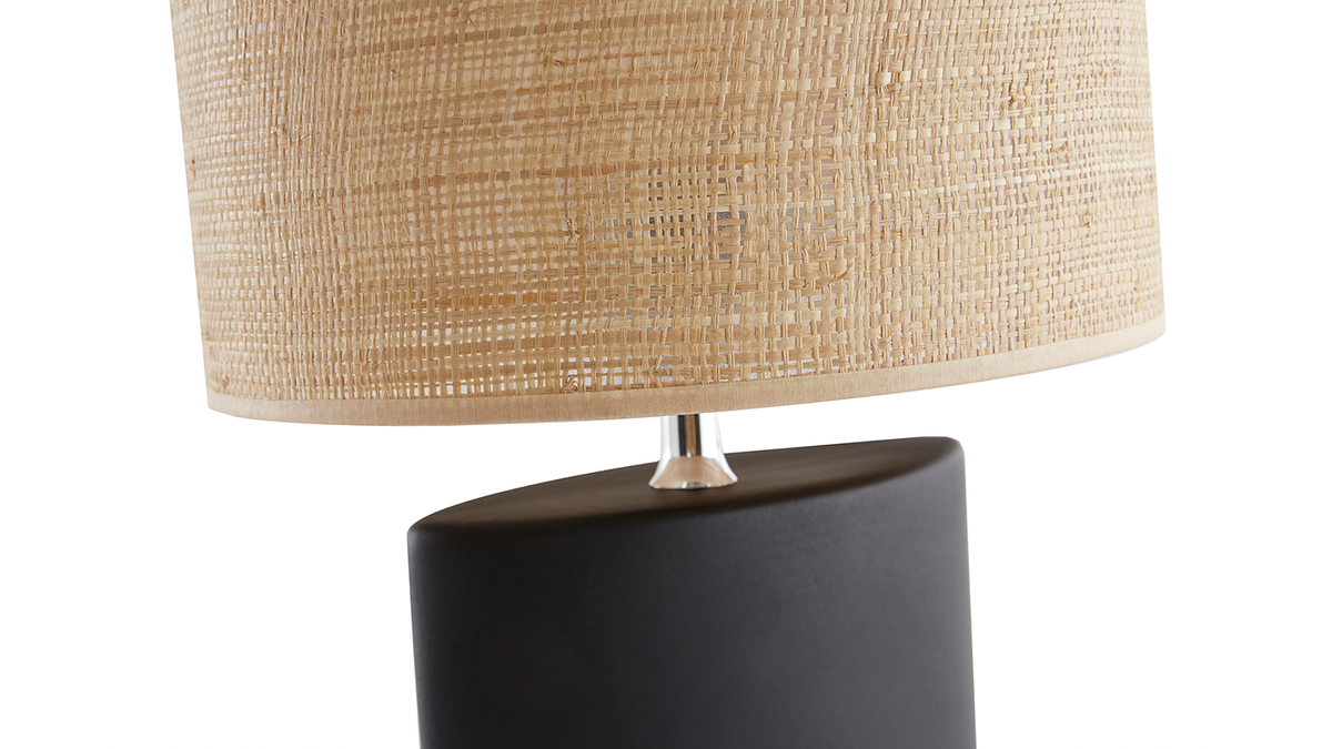 Lampe  poser en cramique noire mat et abat-jour en raphia naturel H40 cm TIGA