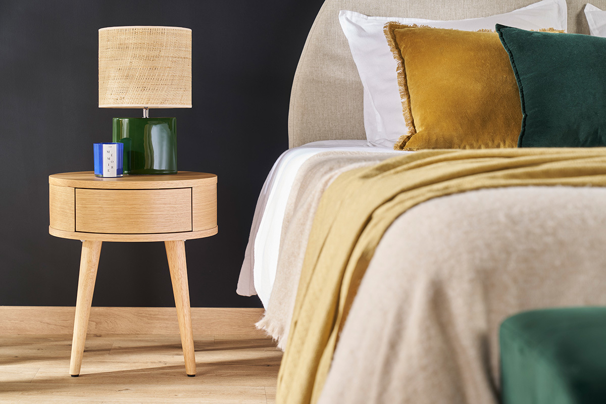 Lampe  poser en cramique vert fonc et abat-jour en raphia naturel H40 cm TIGA