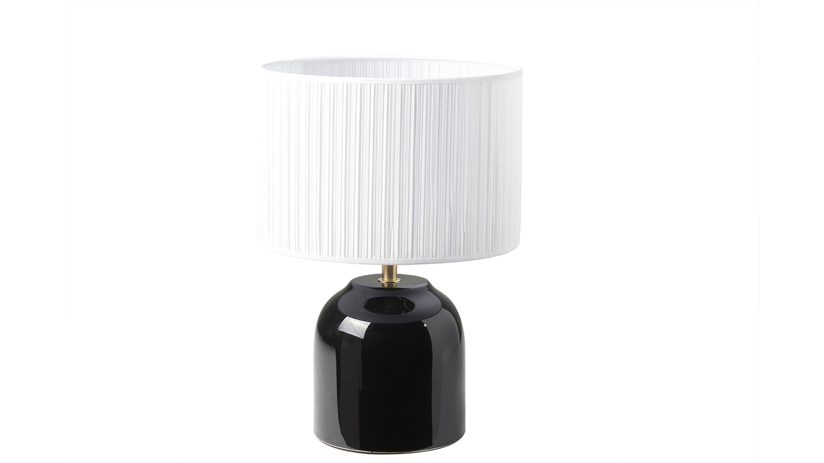 Lampe à poser noire en céramique brillante et abat-jour en tissu plissé blanc H35 cm PIEGA