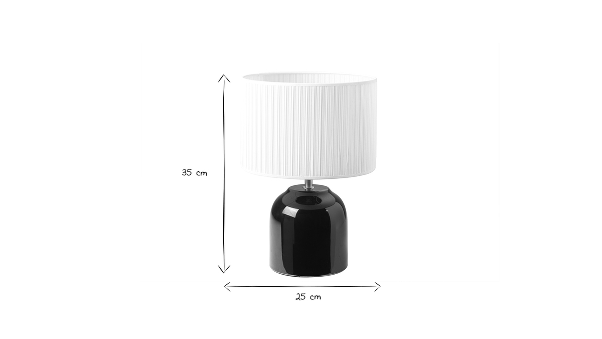 Lampe à poser noire en céramique brillante et abat-jour en tissu plissé blanc H35 cm PIEGA