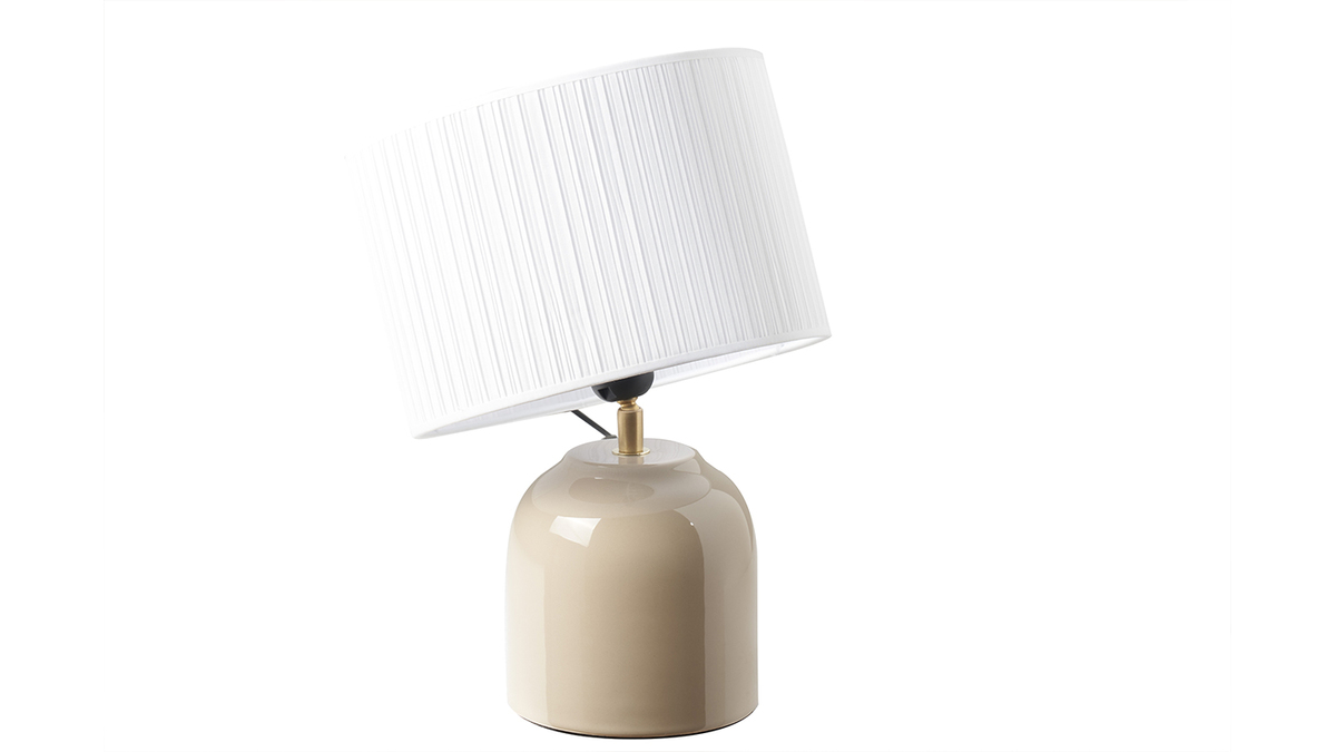 Lampe à poser taupe en céramique brillante et abat-jour en tissu plissé blanc H35 cm PIEGA