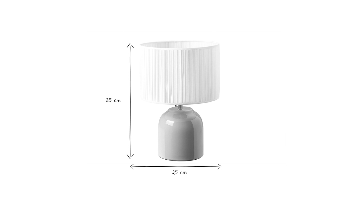 Lampe à poser taupe en céramique brillante et abat-jour en tissu plissé blanc H35 cm PIEGA