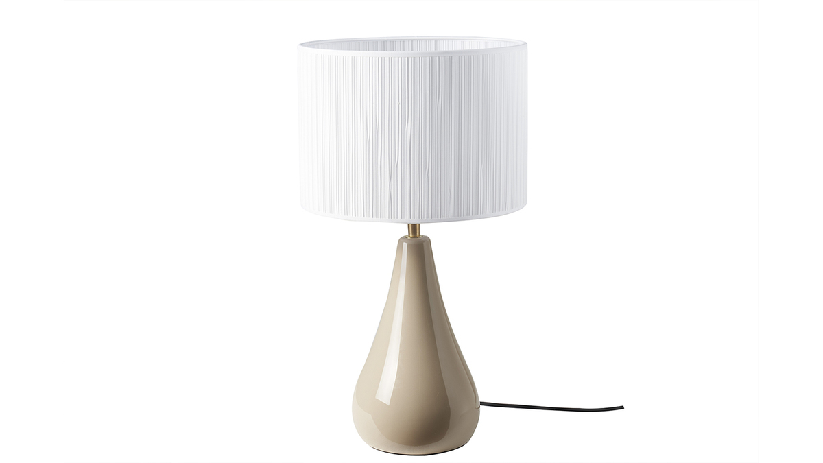 Lampe à poser taupe en céramique brillante et abat-jour en tissu plissé blanc H49 cm TROIA