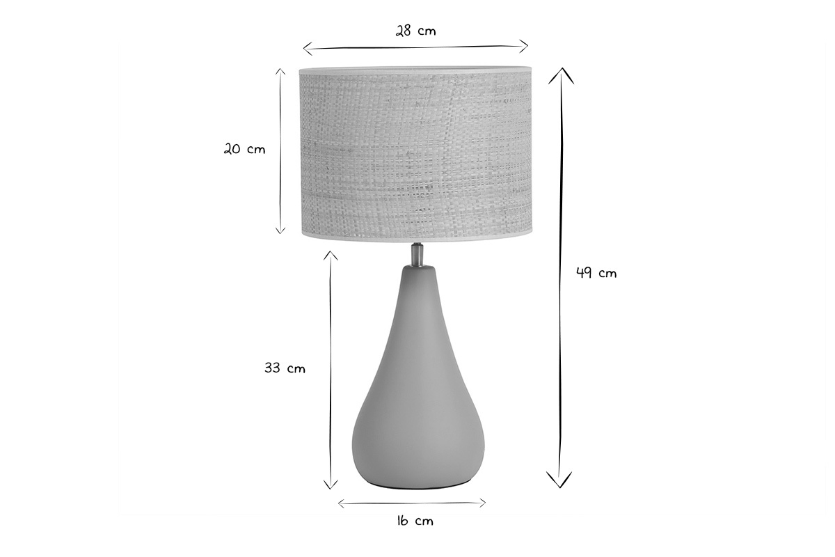 Dimensions de la lampe � poser en c�ramique et raphia H49 cm, vue de face en noir et blanc.