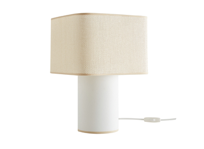 Lampe à poser vintage cube en coton écru et abat-jour en papier tissé H36 CUBO