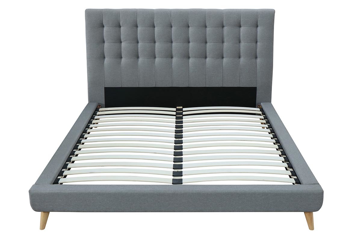 Lit 140x200 capitonn en tissu gris et bois SOREN