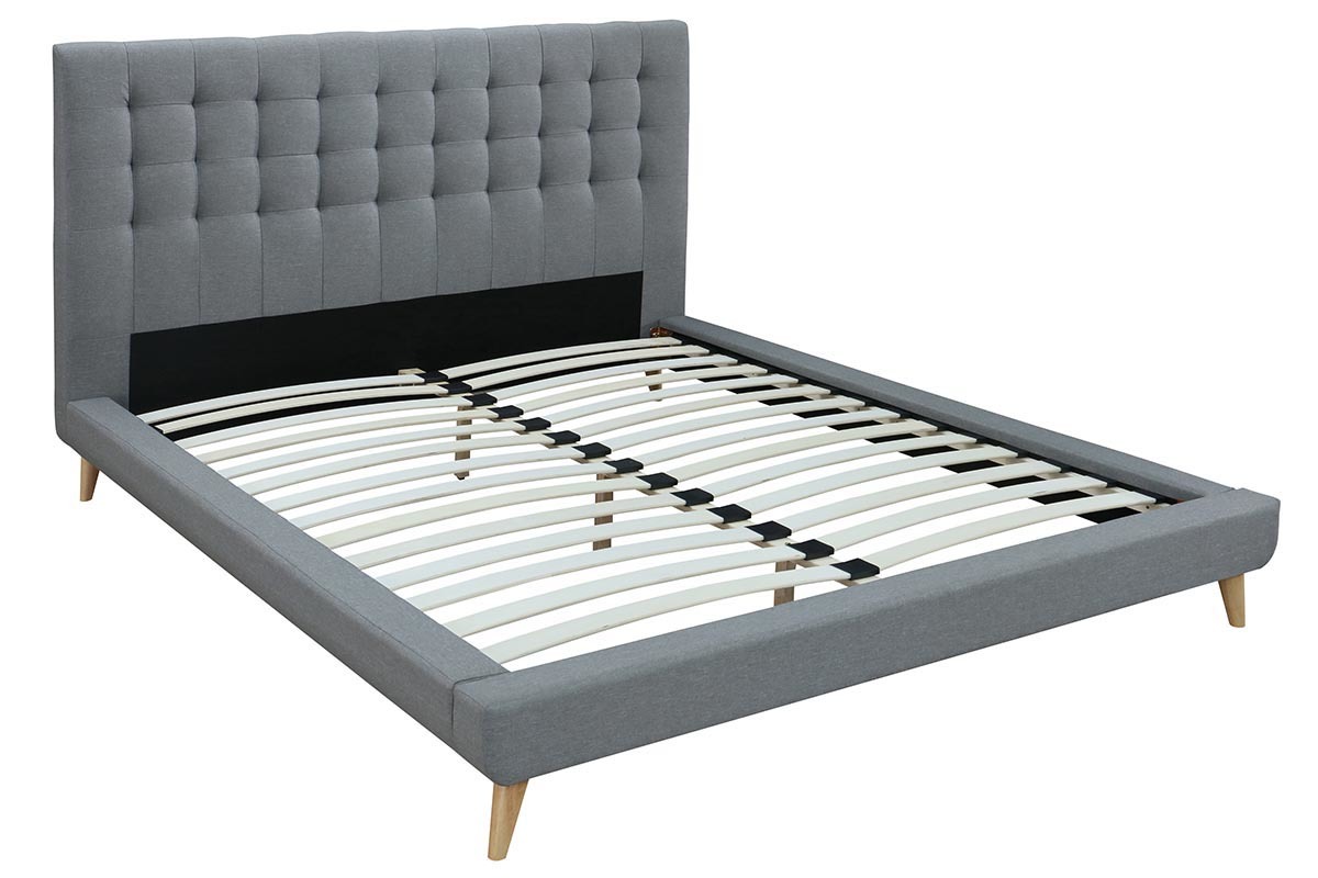Lit 140x200 capitonn en tissu gris et bois SOREN