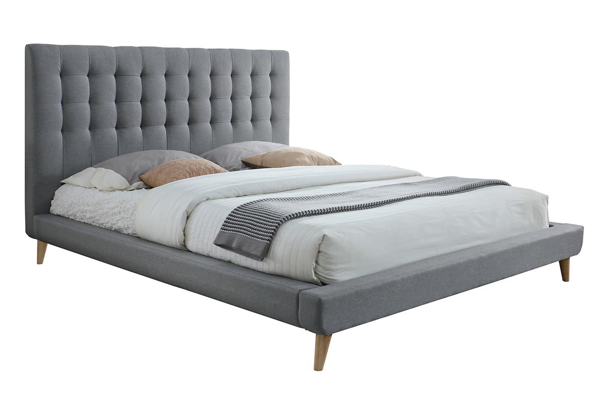 Lit 140x200 capitonn en tissu gris et bois SOREN