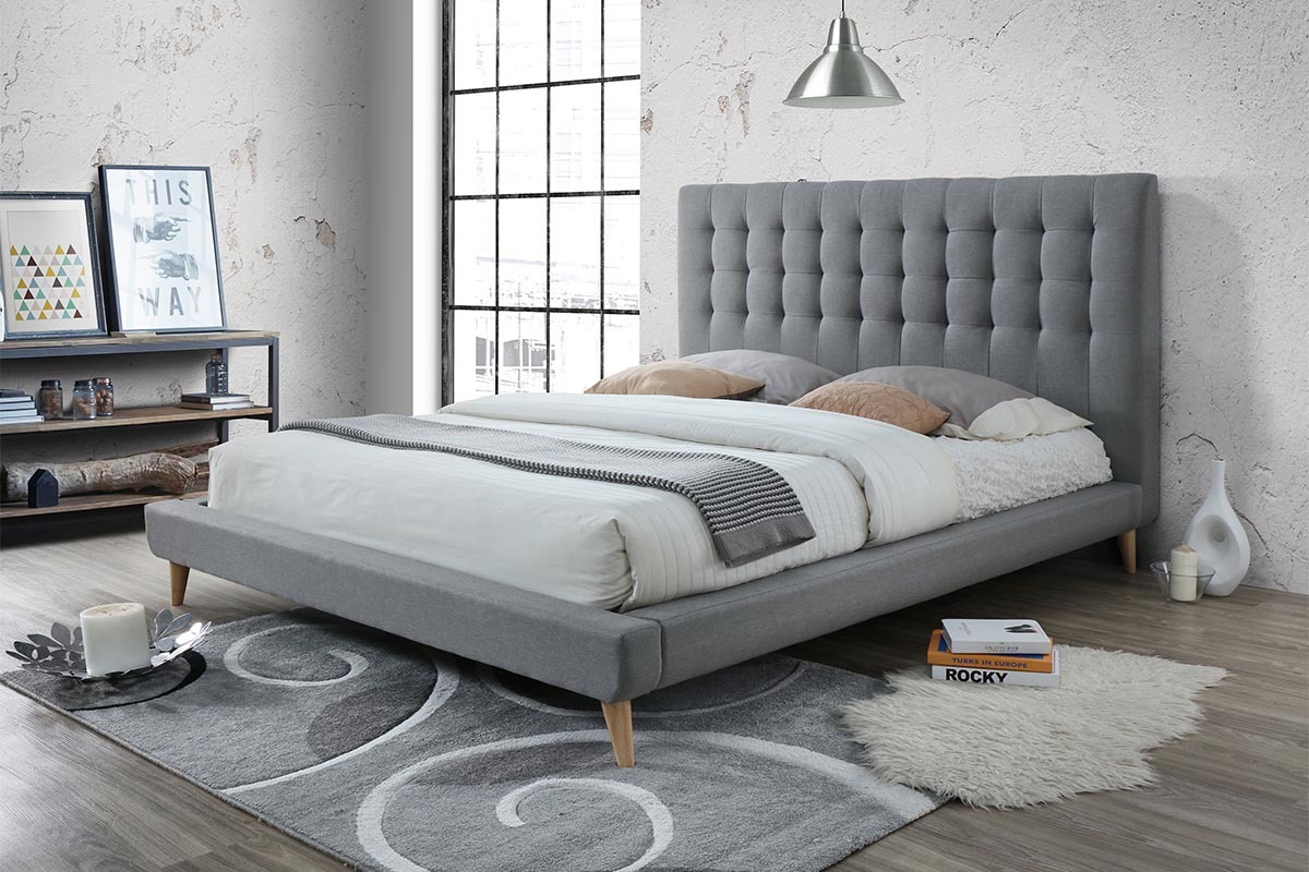 Lit 140x200 capitonn en tissu gris et bois SOREN