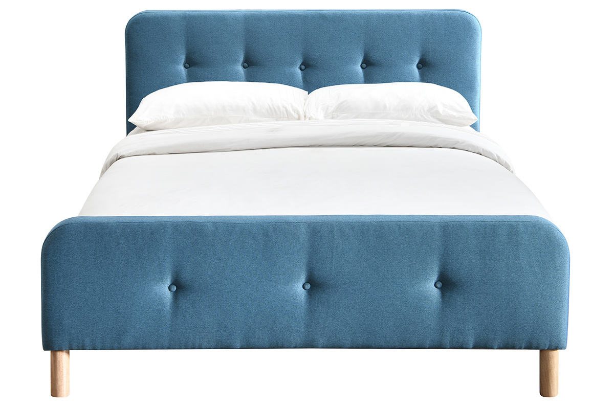 Lit 160 x 200 cm capitonn� en tissu bleu canard ORLANE