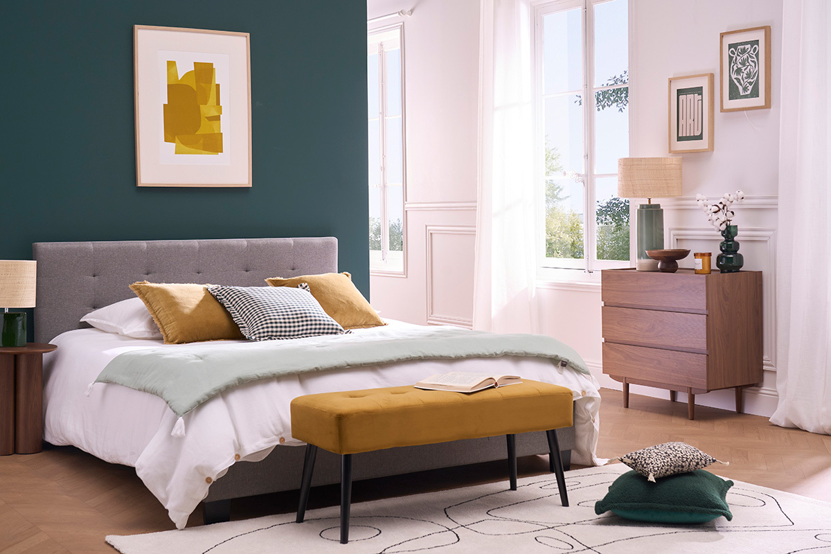 Lit 2 places 160x200 cm en tissu gris capitonn MARQUISE