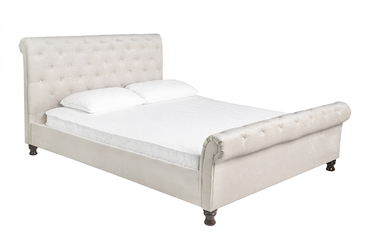 Lit 2 places 160x200 cm en tissu velours beige capitonn� RILEY