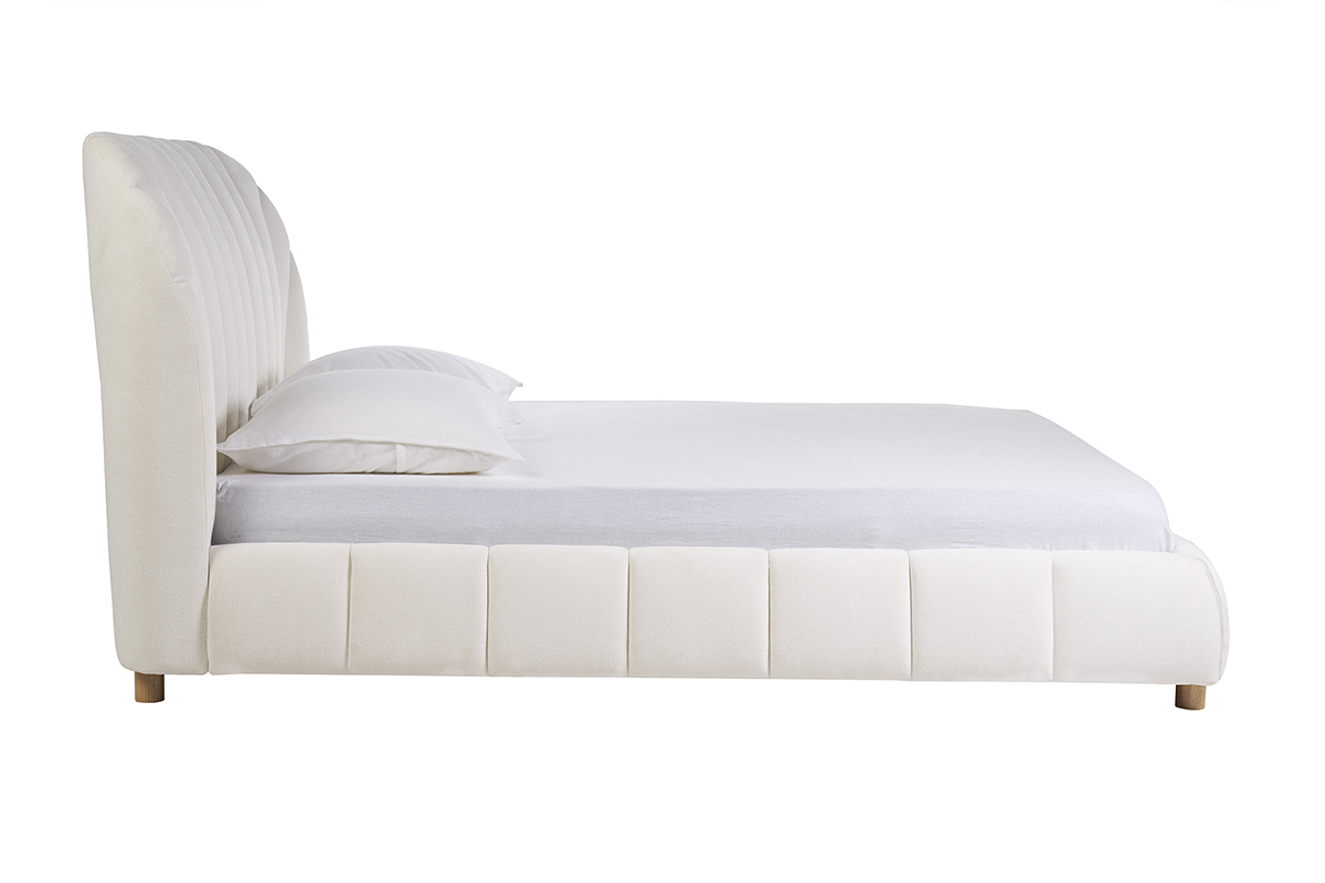 Lit 2 places blanc 160x200 en tissu effet laine boucle avec tte de lit capitonne coquillage ARIELLE