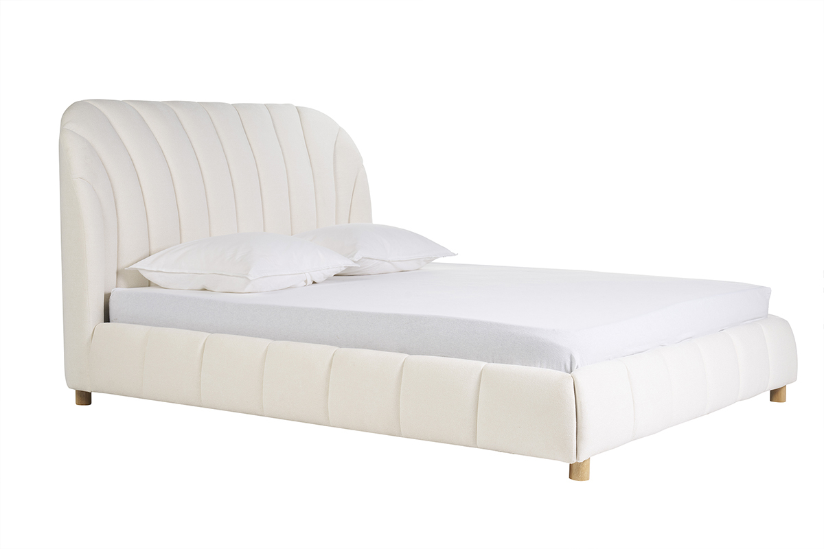Lit 2 places 160x200 en tissu effet laine boucle blanc avec tte de lit capitonne coque et pieds bois.