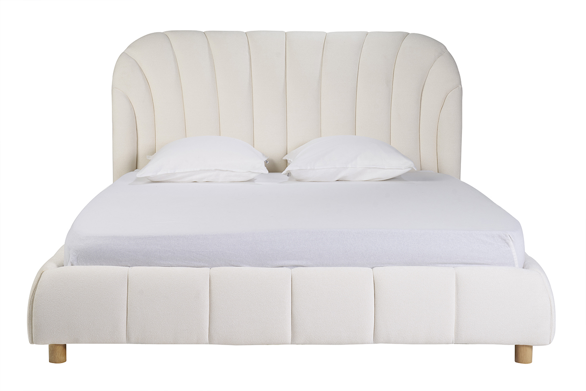 Lit 2 places ARIELLE en tissu effet laine boucle blanc avec tte capitonne forme coquillage