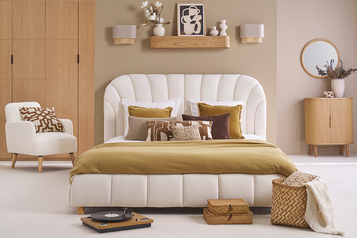 Lit 2 places 160x200 en tissu effet laine boucle ARIELLE