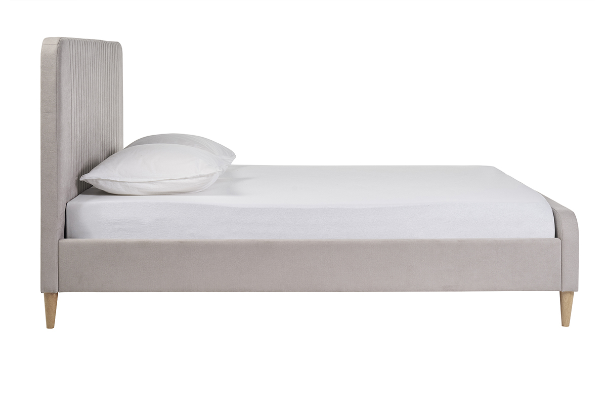 Lit 2 places en tissu textur taupe avec tte de lit capitonne et pieds en bois, modle LINDSAY