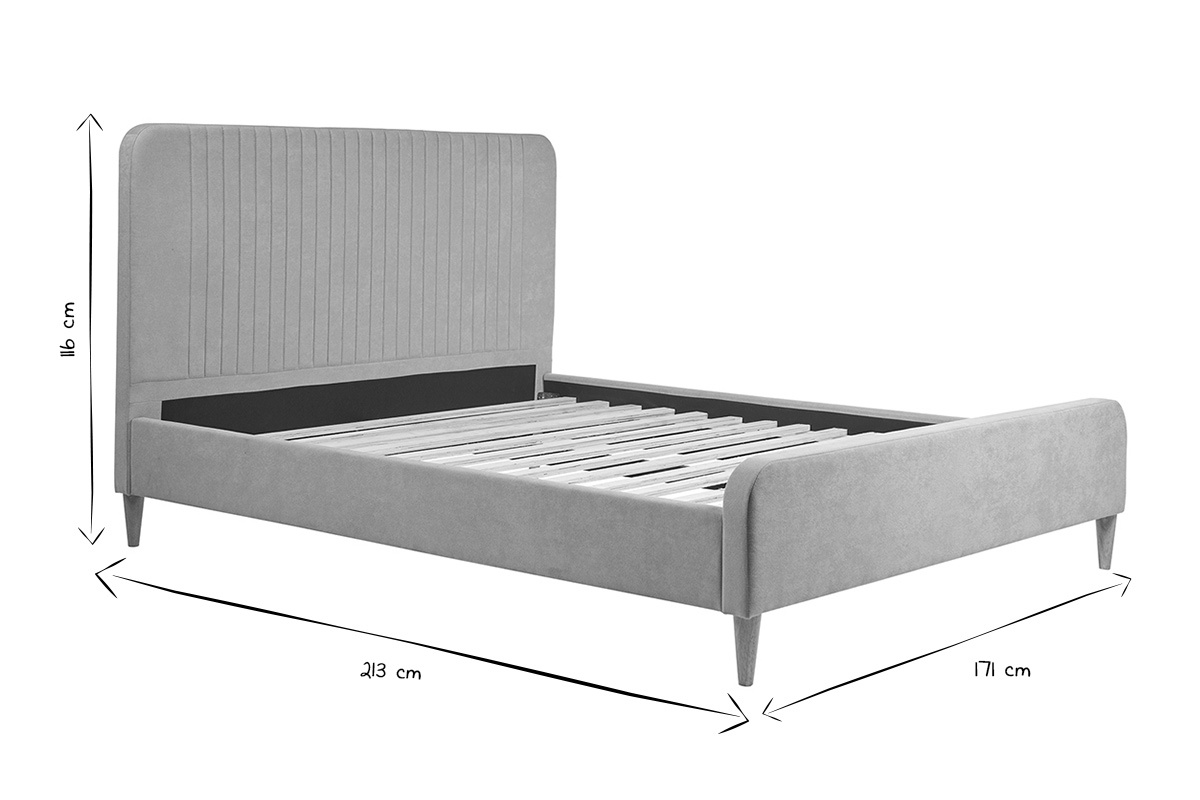 Lit 160x200 en tissu taupe LINDSAY, dimensions L171 x P213 x H116 cm, tte de lit capitonne.