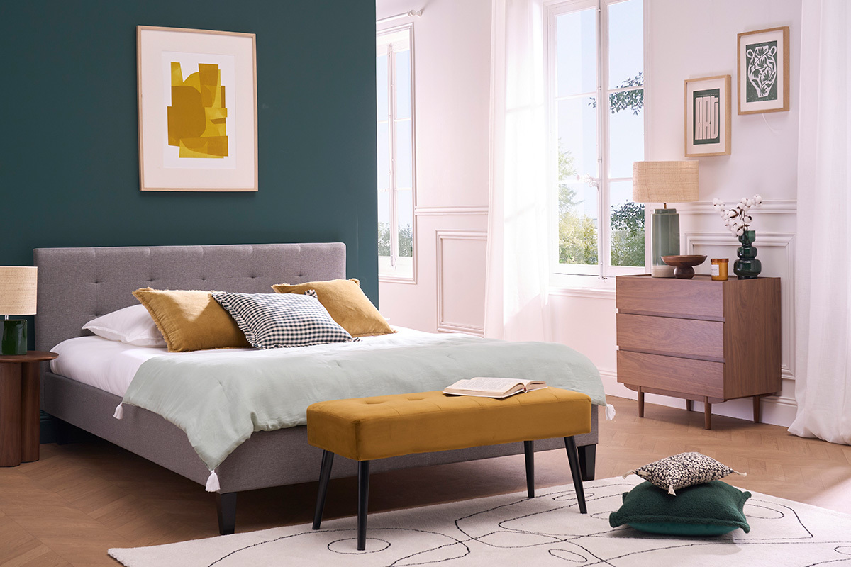 Lit 2 places 180x200 cm en tissu gris capitonn MARQUISE