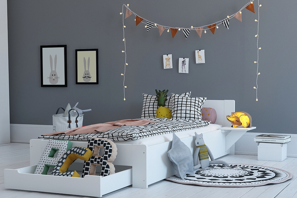 Lit 90x190 design blanc avec tiroir de rangement et chevet LORIS