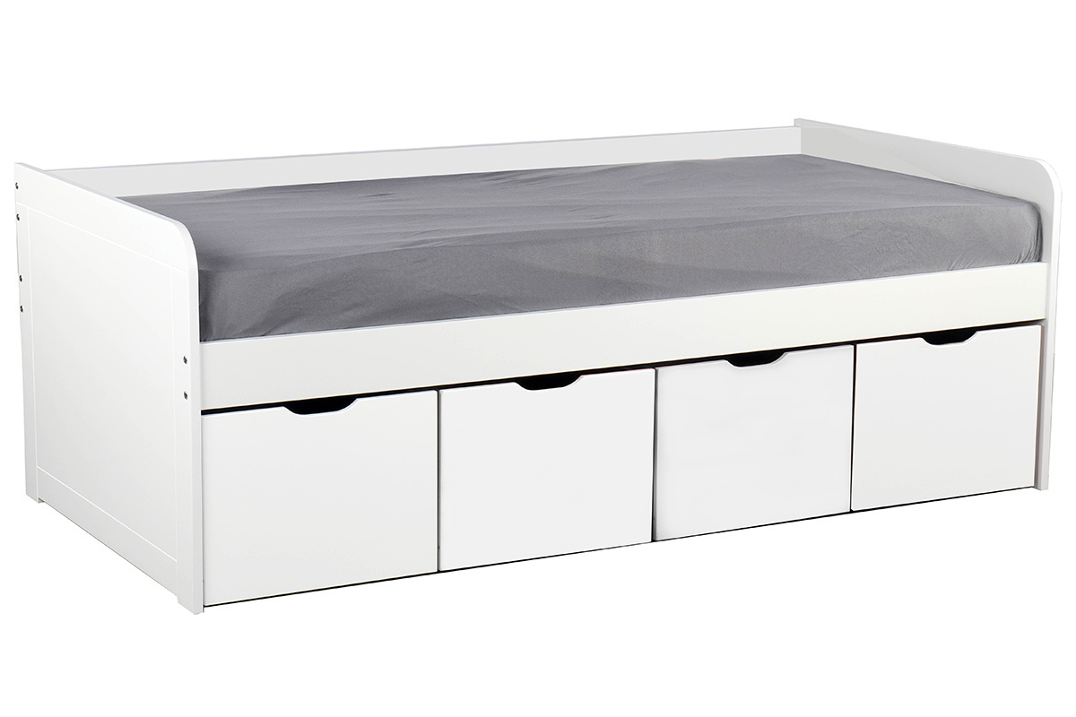 Lit avec rangements 4 tiroirs blancs 90x190 cm MOLENE