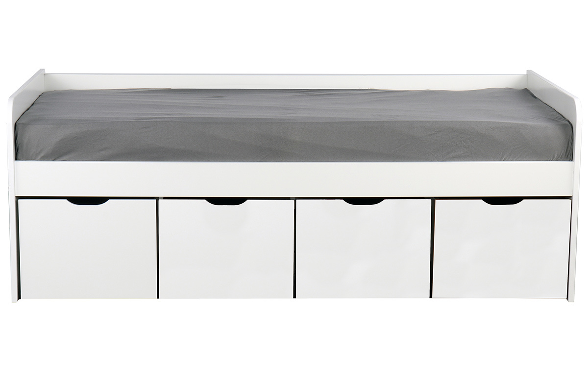 Lit avec rangements 4 tiroirs blancs 90x190 cm MOLENE