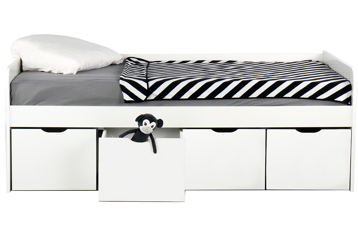 Lit avec rangements 4 tiroirs blancs 90x190 cm MOLENE