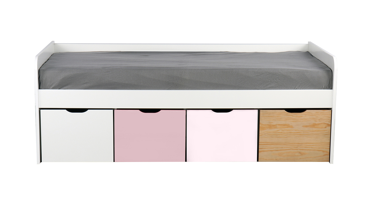 Lit avec rangements 4 tiroirs bois, blanc et rose 90x190 cm MOLENE