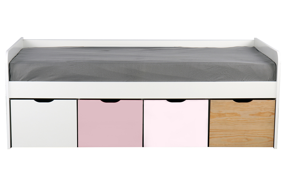 Lit avec rangements 4 tiroirs bois, blanc et rose 90x190 cm MOLENE