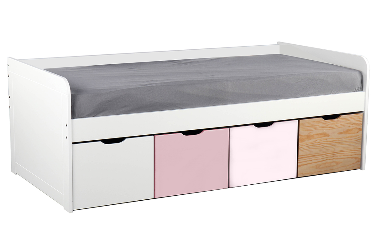 Lit avec rangements 4 tiroirs bois, blanc et rose 90x190 cm MOLENE