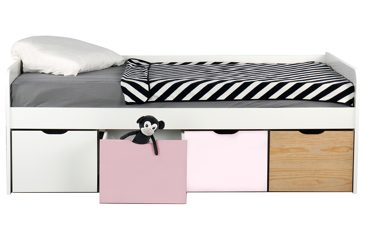 Lit avec rangements 4 tiroirs bois, blanc et rose 90x190 cm MOLENE