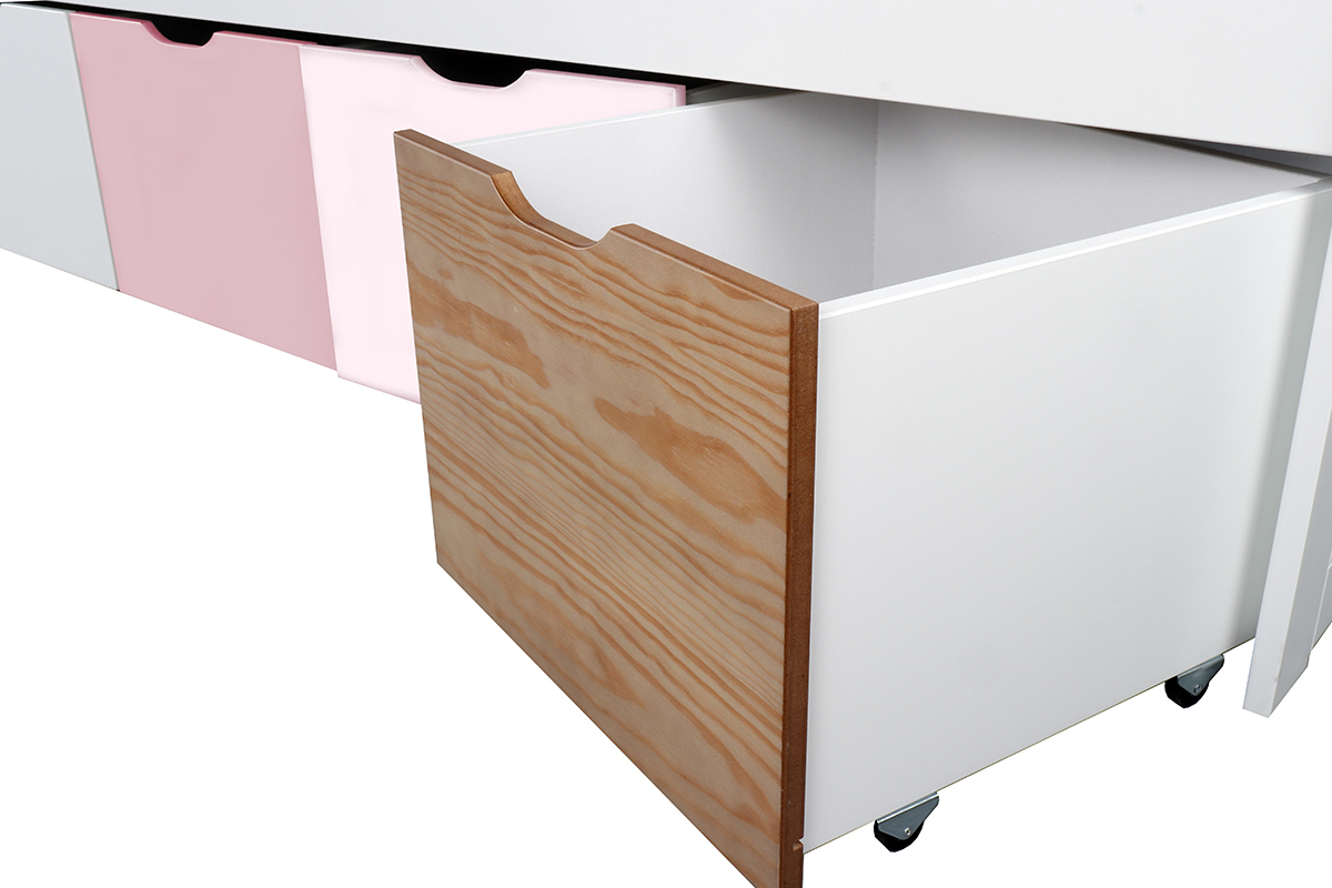 Lit avec rangements 4 tiroirs bois, blanc et rose 90x190 cm MOLENE