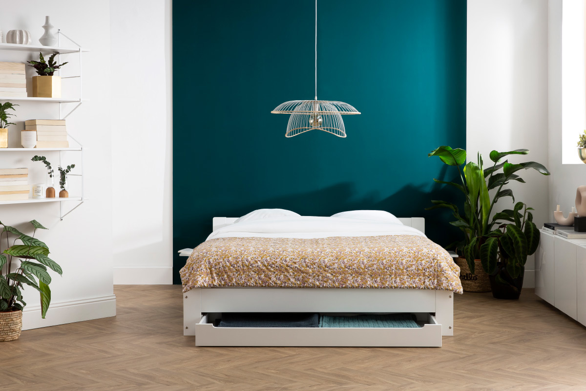 Lit avec tiroir rangement et chevets blanc 160 x 200 cm LORIS