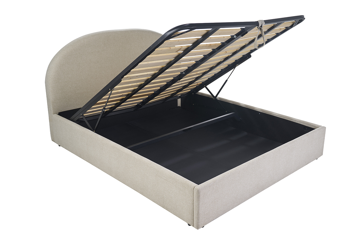 Lit coffre 2 places en tissu beige avec tte de lit arrondie et sommier relev, vue 3/4.