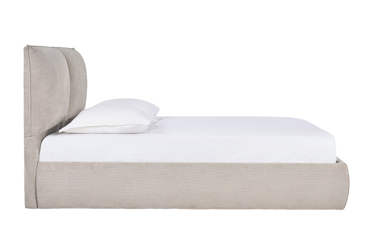 Lit coffre beige 160x200 cm en tissu chenille, vue de profil.