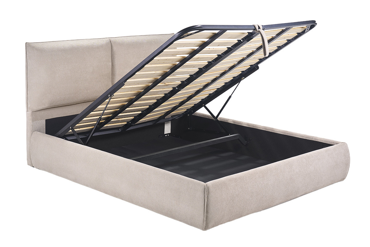Lit coffre 160x200 cm en tissu chenille beige avec sommier relev�, vue de 3/4.