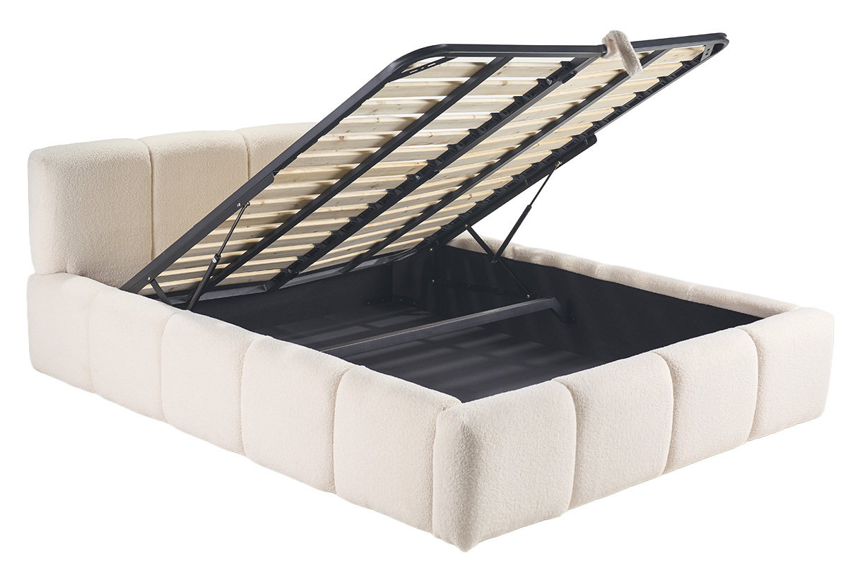 Lit coffre 160x200 cm en laine boucl�e, sommier relev�, vue en angle.