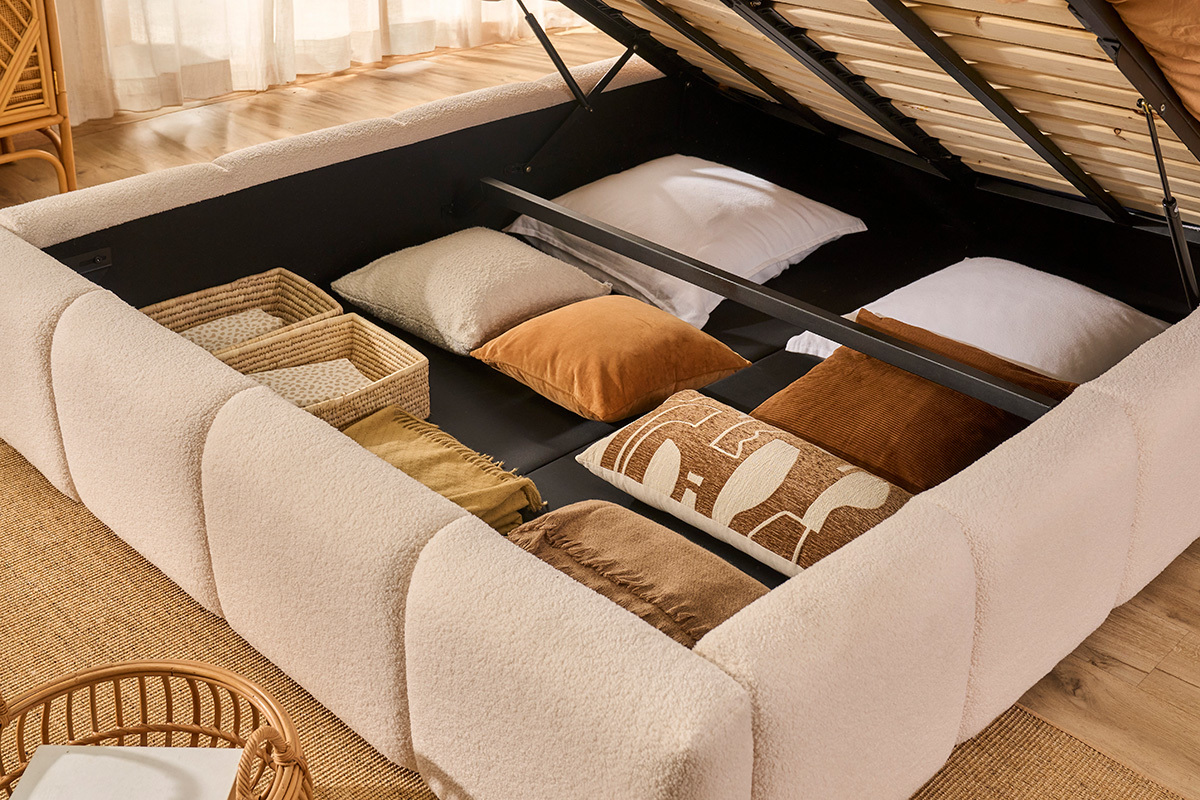 Lit coffre 2 places 160x200 cm en tissu laine boucl�e MOTTO