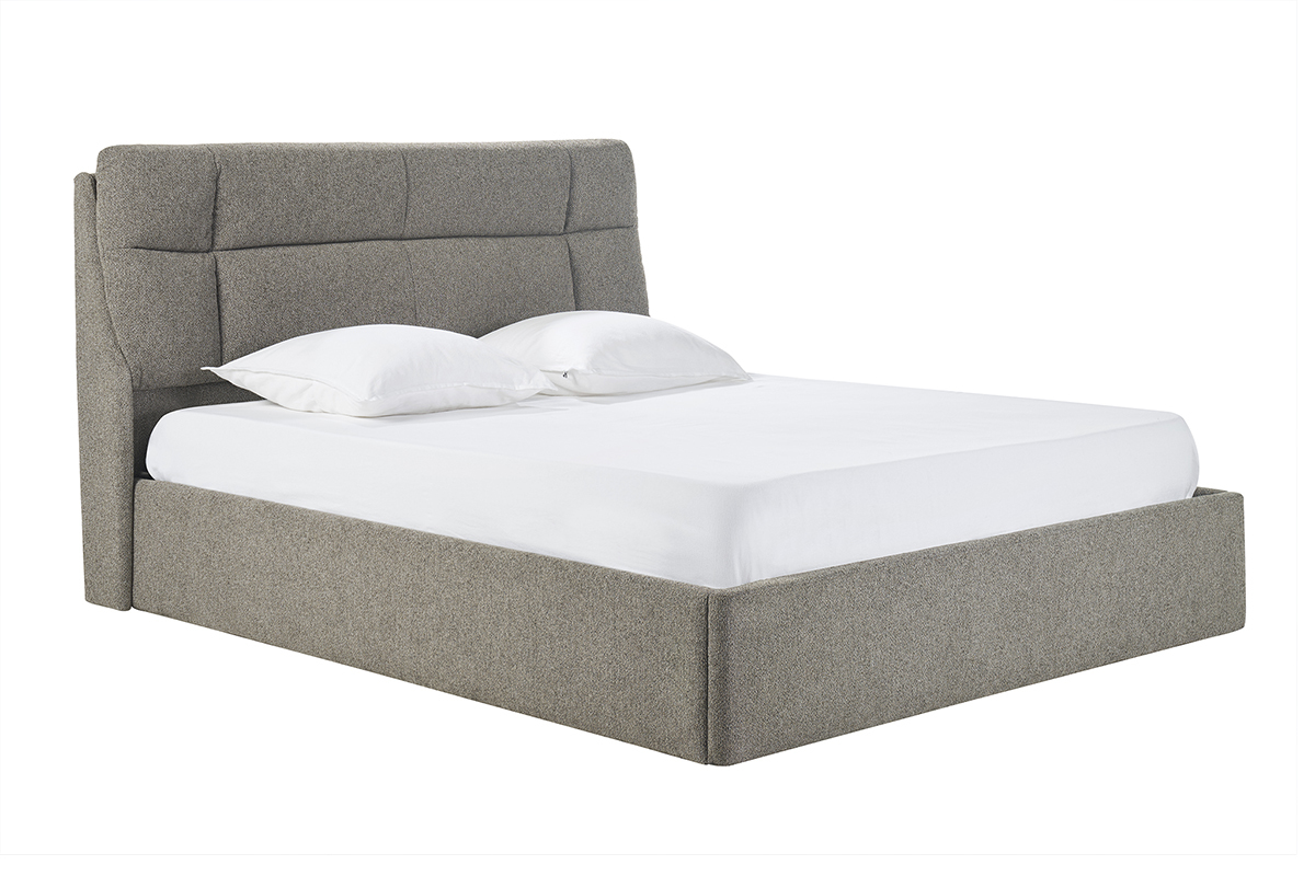 Lit coffre 2 places taupe HONO avec tte de lit capitonne, vue de trois quarts.