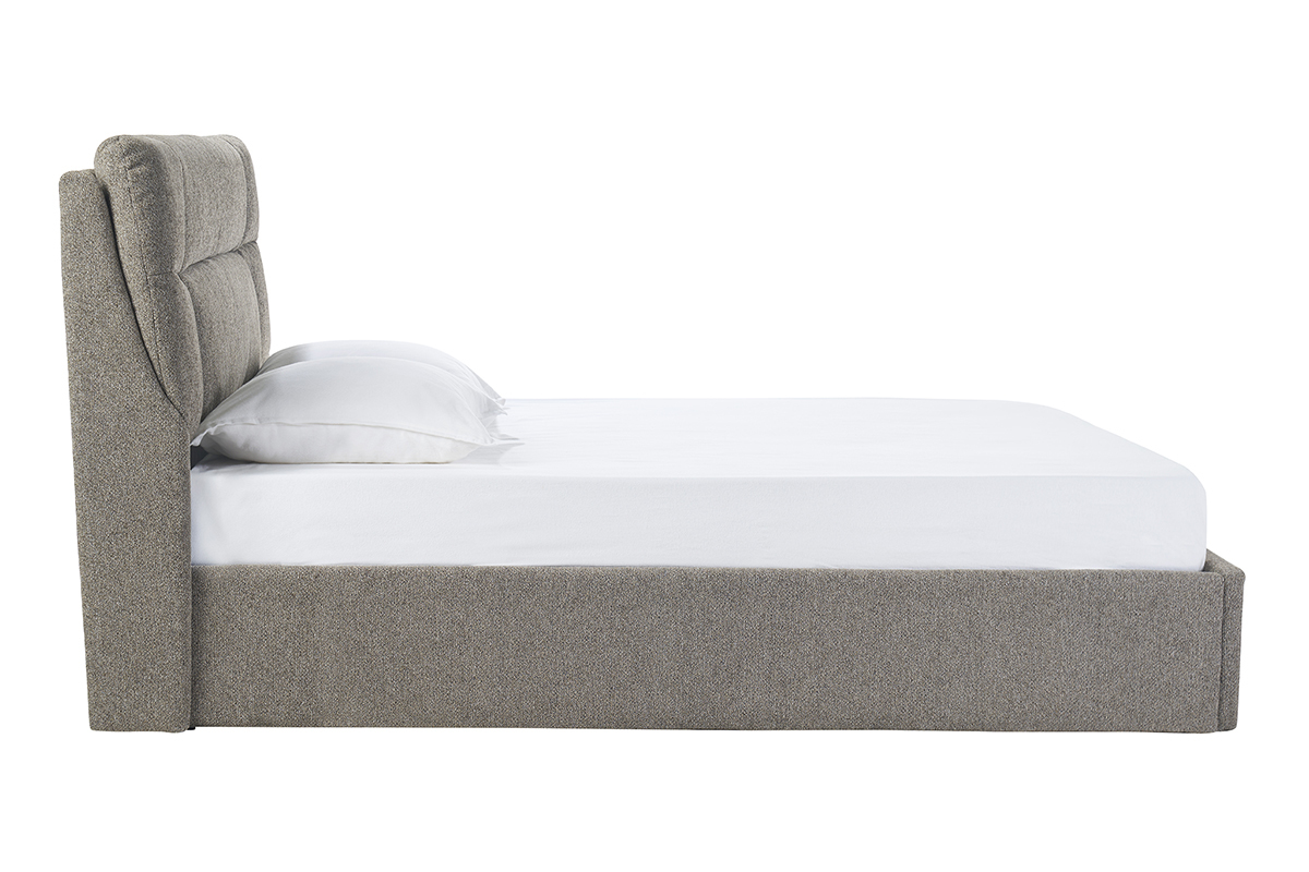 Lit coffre 2 places 160x200 cm taupe, vue de ct, avec tte de lit rembourre et oreiller.