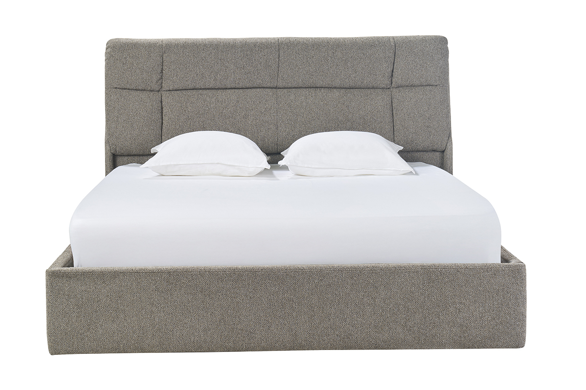 Lit coffre 2 places 160x200 cm taupe HONO avec tte de lit rembourre, vue de face.