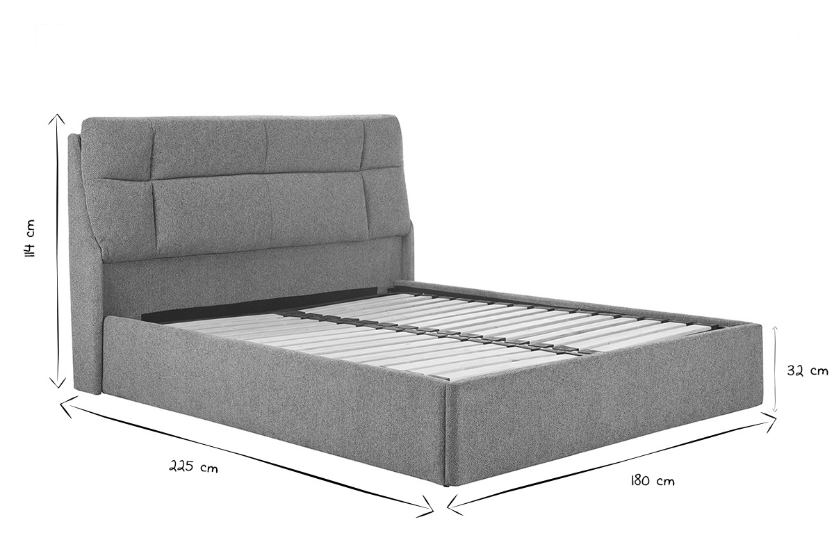 Dimensions du lit coffre 2 places 160x200 cm HONO en noir et blanc, vue de trois quarts.