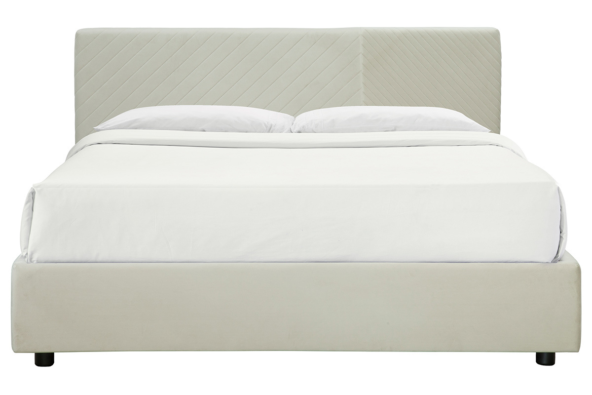 Lit coffre avec sommier et t�te de lit � motif en velours beige 160 x 200 cm RIGA