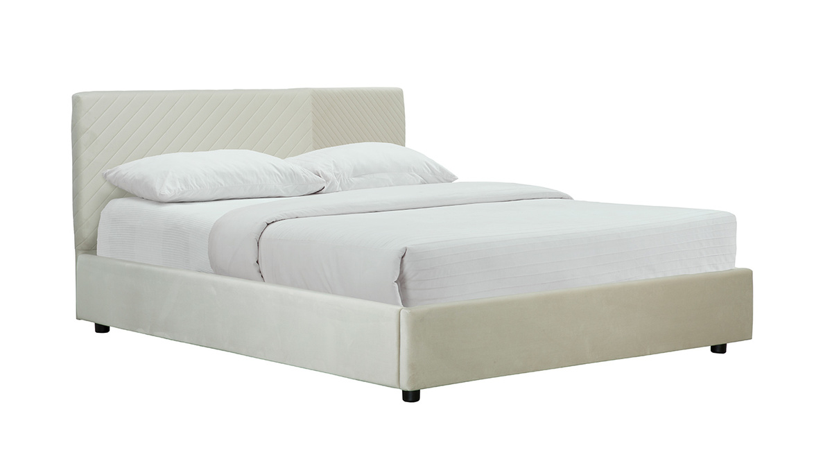 Lit coffre avec sommier et tte de lit  motif en velours beige 160 x 200 cm RIGA