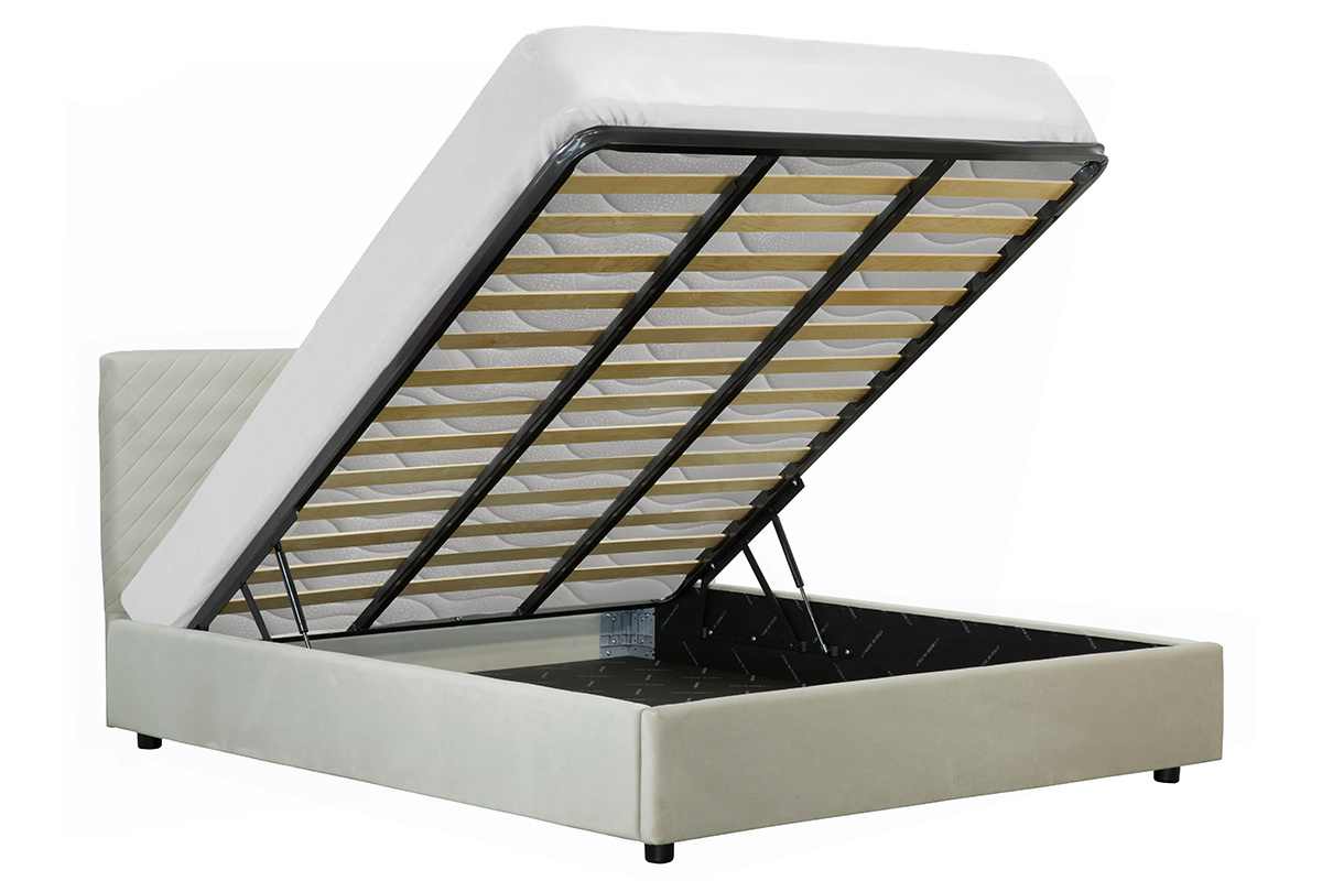 Lit coffre avec sommier et t�te de lit � motif en velours beige 160 x 200 cm RIGA
